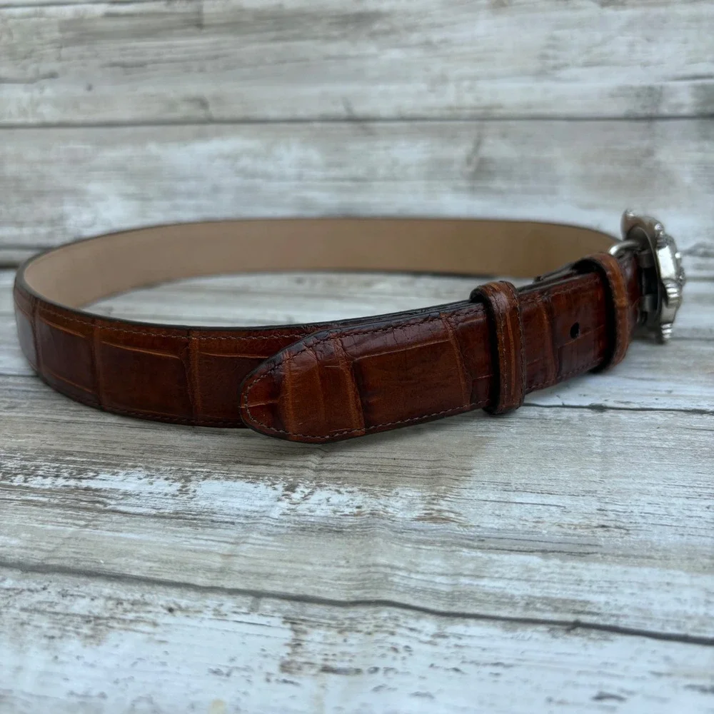 Brighton‎ Belt 30 Brown Crocodile Embossed Leather Silver Turtle Buckle Tortoise